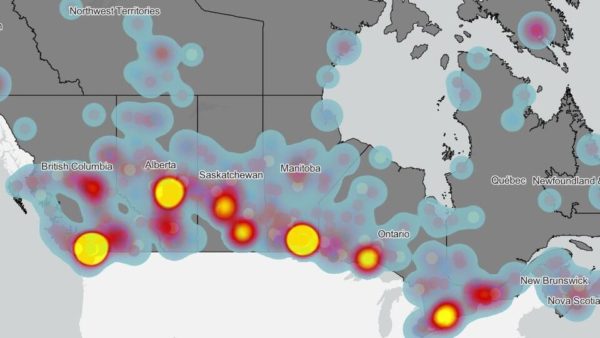 Capture d'écran de la carte interactive sur la densité des cas de femmes, filles et personnes bispirituelles autochtones disparues et assassinées.